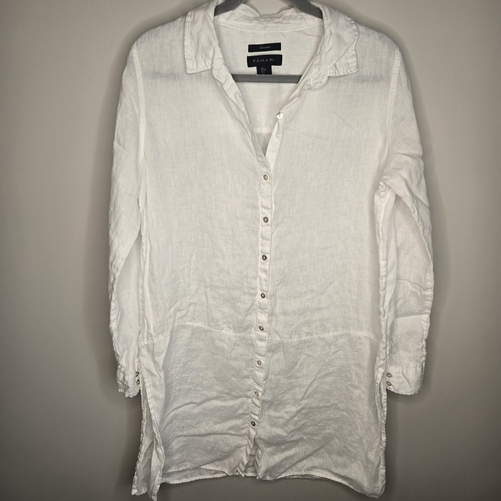 Tahari Womens Lagenlook Size L 100% White Linen Shirt Tunic Top Roll Tab Sleeve - Picture 2 of 7